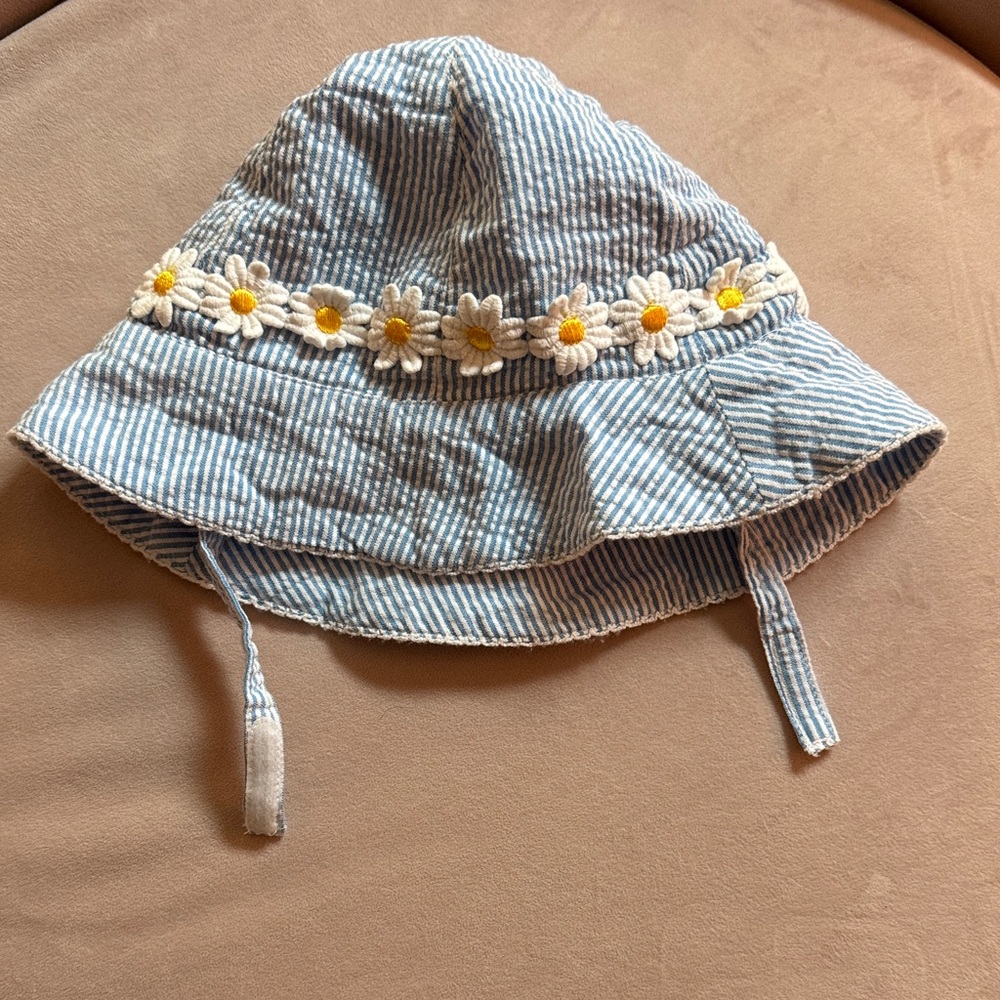 Baby Boden Blue Striped Kids Sun Hat with Daisy Trim